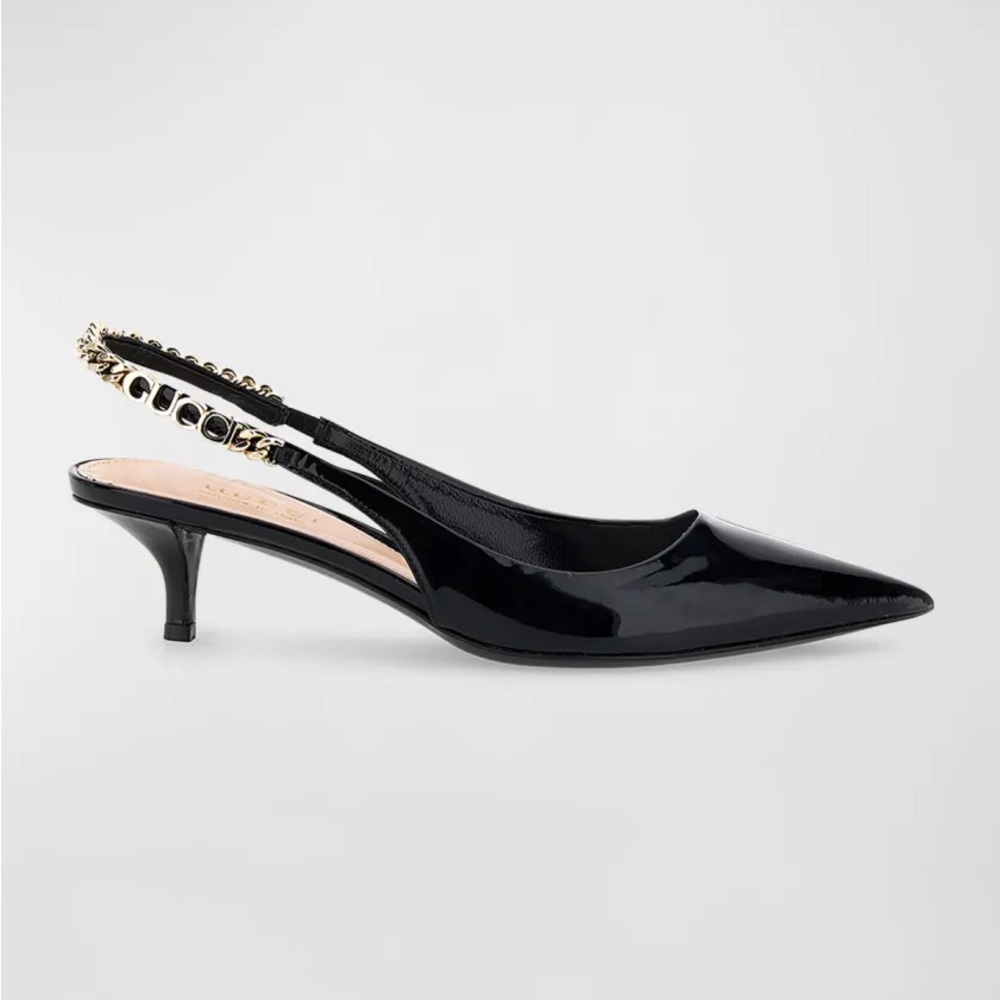 GUCCI Signoria Patent Logo Chain Kitten Pumps